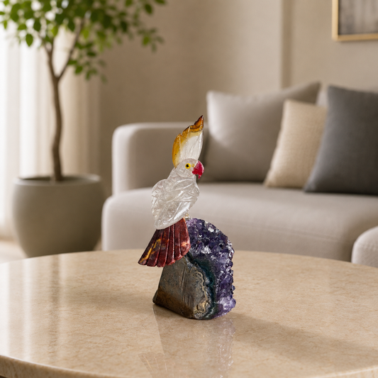 Crystavelle Amethyst Gemstone Bird – Clear Quartz Crystal Parrot Décor, Clarity & Strength Symbol (4 Inch, 182 gm)
