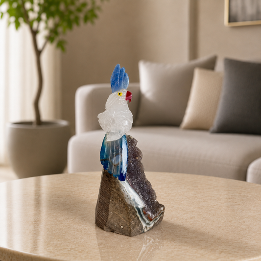 Celestara Druzy Agate Gemstone Bird – Clear Quartz Crystal Parrot Décor, Clarity & Serenity Symbol (4.9 Inch, 230 gm)