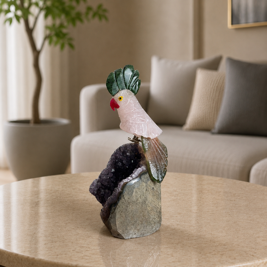 Rosavelle Druzy Agate Gemstone Bird – Rose Quartz Crystal Parrot Décor, Love & Harmony Symbol (4.1 Inch, 244 gm)