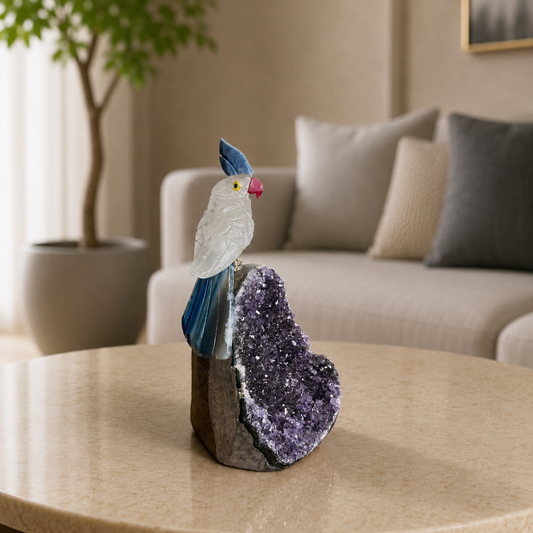 Azurielle Amethyst Geode Gemstone Bird – Clear Quartz Crystal Parrot Décor, Clarity & Peace Symbol (4.2 Inch, 276 gm)