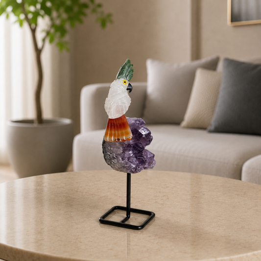 Aventrinea Amethyst Geode Gemstone Bird – Clear Quartz Crystal Parrot Décor, Clarity & Vitality Symbol (6.7 Inch, 210 gm)