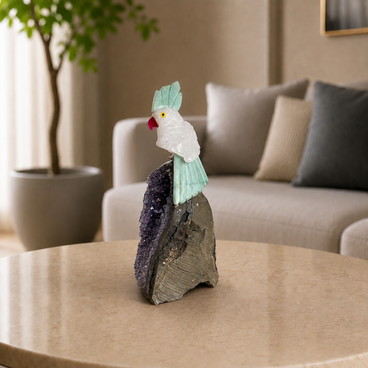 Veridara Amethyst Geode Gemstone Bird – Clear Quartz Crystal Parrot Décor, Clarity & Prosperity Symbol (5.4 Inch, 322 gm)