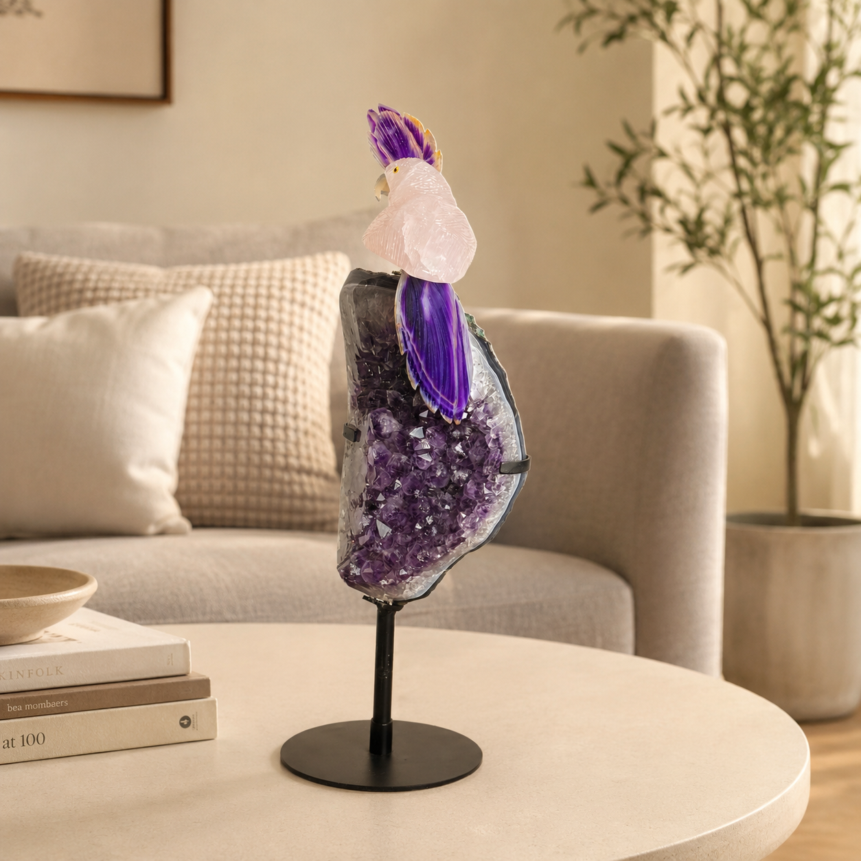 Rosamira Amethyst Geode & Rose Quartz Gemstone Bird Sculpture – Handcrafted Crystal Bird Luxury Home Décor Showpiece on Metal Stand, Feng Shui & Vastu Decorative Piece (17.5 Inch, 3.2 kg)