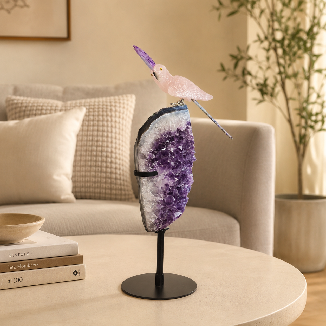 Rosamira Amethyst Geode & Rose Quartz Gemstone Bird Sculpture – Handcrafted Crystal Bird Luxury Home Décor Showpiece on Metal Stand, Feng Shui & Vastu Decorative Piece (17.5 Inch, 3.2 kg)