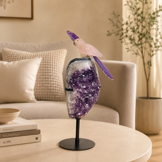 Rosamira Amethyst Geode & Rose Quartz Gemstone Bird Sculpture – Handcrafted Crystal Bird Luxury Home Décor Showpiece on Metal Stand, Feng Shui & Vastu Decorative Piece (17.5 Inch, 3.2 kg)