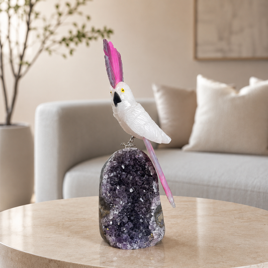 Roselique White Quartz Gemstone Bird – Pink Agate Crystal Parrot Décor, Love & Joy Symbol (7.9 Inch, 610 gm)