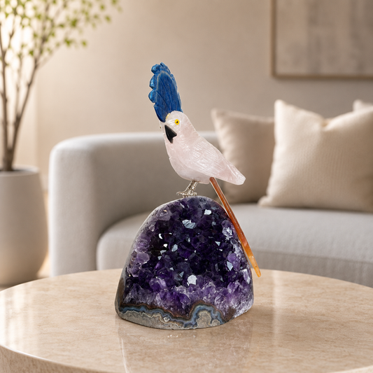 Celestara Rose Quartz Gemstone Bird – Blue Agate & Peach Agate Crystal Parrot Décor, Joy & Harmony Symbol (6.7 Inch, 836 gm)