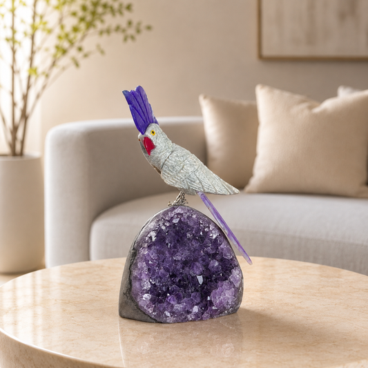 Violetta Silver Sheen Gemstone Bird – Purple Agate Crystal Parrot Décor, Wisdom & Serenity Symbol (6.6 Inch, 780 gm)