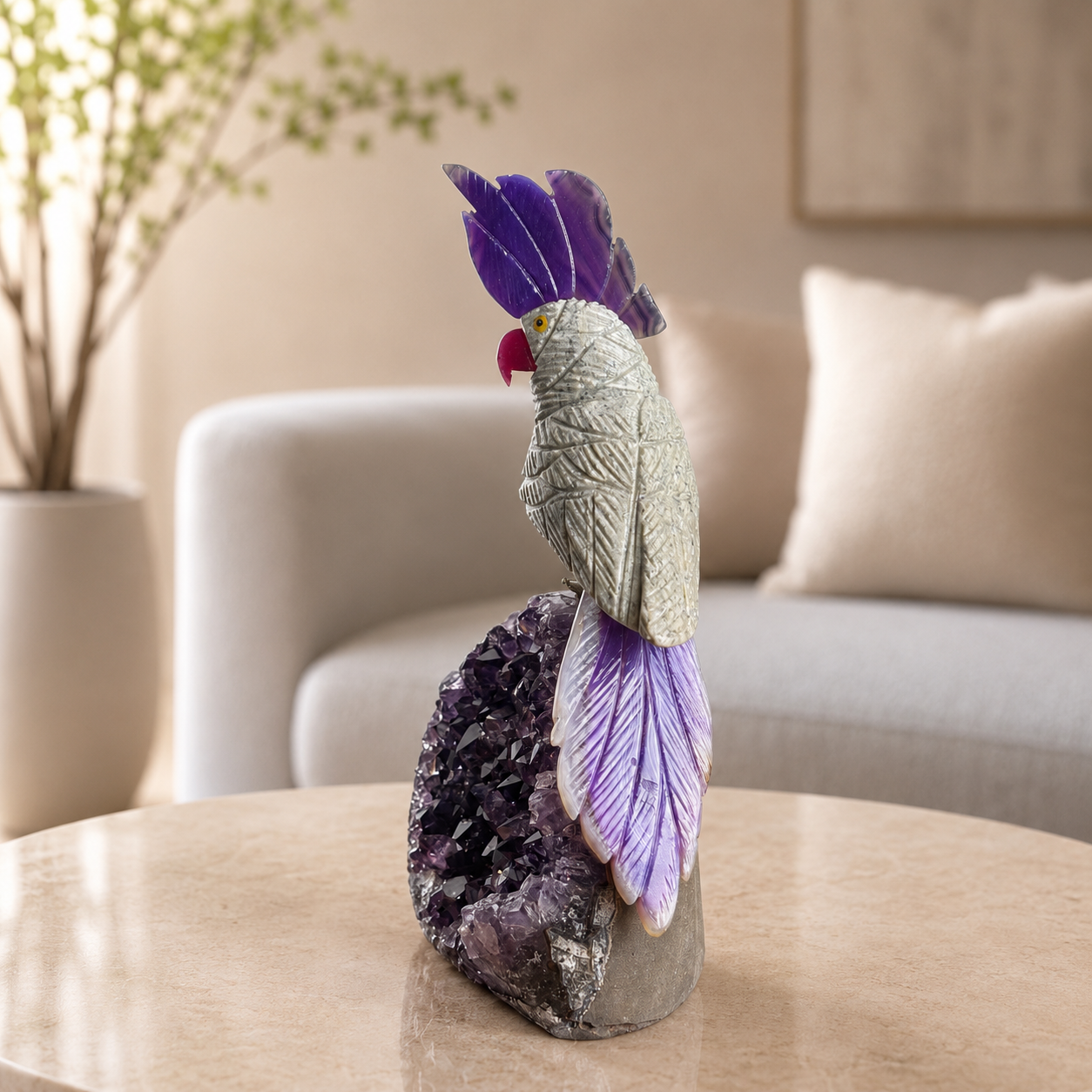 Violetta Silver Sheen Gemstone Bird – Purple Agate Crystal Parrot Décor, Wisdom & Serenity Symbol (6.6 Inch, 780 gm)