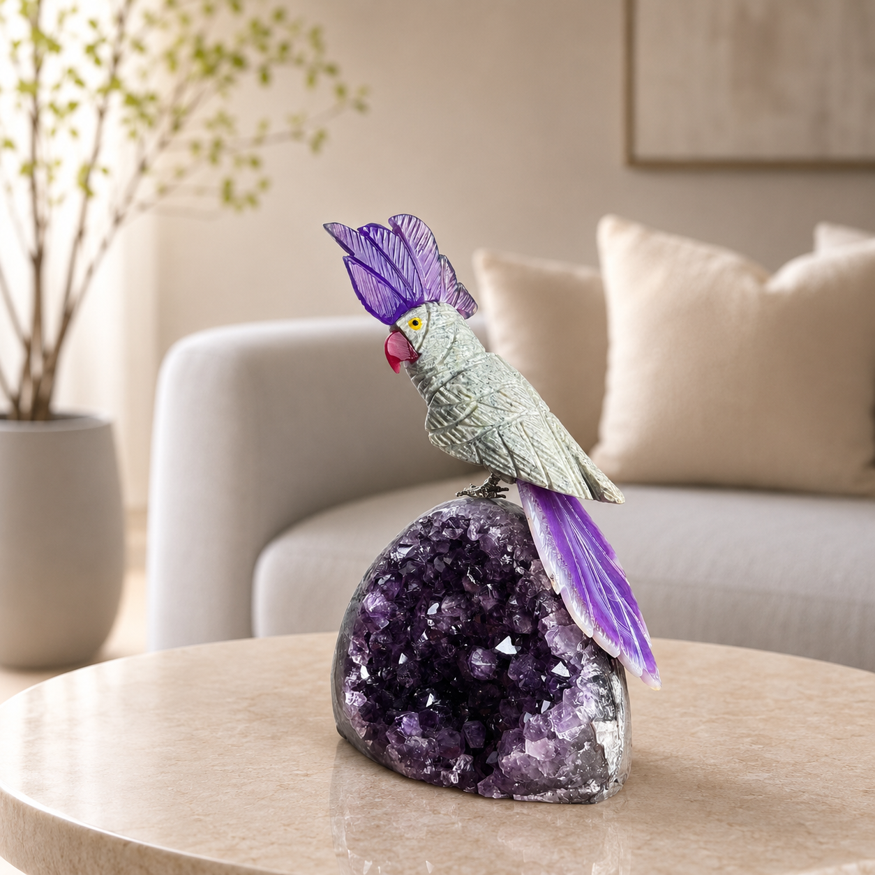 Violetta Silver Sheen Gemstone Bird – Purple Agate Crystal Parrot Décor, Wisdom & Serenity Symbol (6.6 Inch, 780 gm)