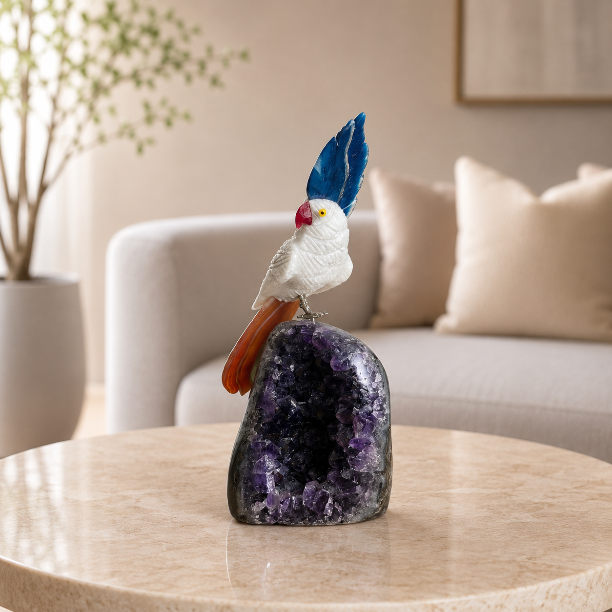 Aurevian Rose Quartz Gemstone Bird – Blue & Brown Agate Crystal Parrot Décor, Harmony & Confidence Symbol (7 Inch, 646 gm)
