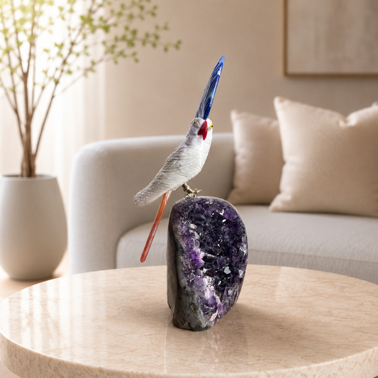 Aurevian Rose Quartz Gemstone Bird – Blue & Brown Agate Crystal Parrot Décor, Harmony & Confidence Symbol (7 Inch, 646 gm)
