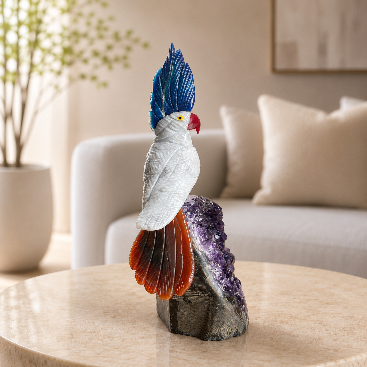 Aurevian Rose Quartz Gemstone Bird – Blue & Brown Agate Crystal Parrot Décor, Harmony & Confidence Symbol (7 Inch, 646 gm)