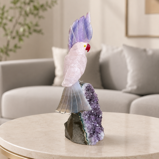 Lavendria Rose Quartz Gemstone Bird – Grey & Purple Agate Crystal Parrot Décor, Love & Tranquility Symbol (8 Inch, 660 gm)