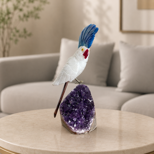 Azurique White Quartz Gemstone Bird – Blue & Brown Agate Crystal Parrot Décor, Strength & Serenity Symbol (6.6 Inch, 478 gm)