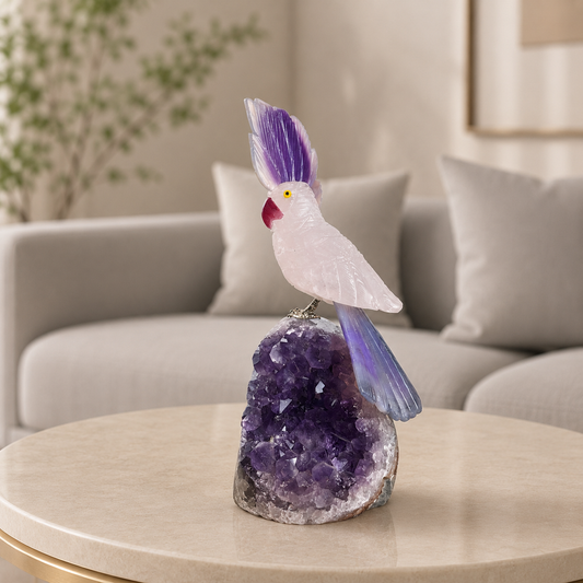 Velorique White Quartz Gemstone Bird – Purple Agate Crystal Parrot Décor, Serenity & Wisdom Symbol (7 Inch, 660 gm)