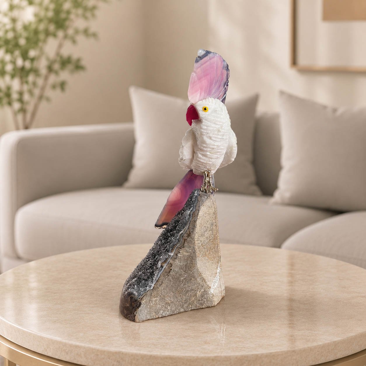 Rosavelle White Jade Gemstone Bird – Pink Agate Crest Crystal Parrot Décor, Grace & Positivity Symbol (6.6 Inch, 364 gm)