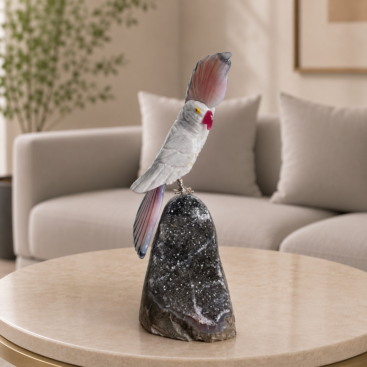 Rosavelle White Jade Gemstone Bird – Pink Agate Crest Crystal Parrot Décor, Grace & Positivity Symbol (6.6 Inch, 364 gm)