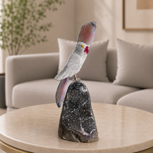 Rosavelle White Jade Gemstone Bird – Pink Agate Crest Crystal Parrot Décor, Grace & Positivity Symbol (6.6 Inch, 364 gm)