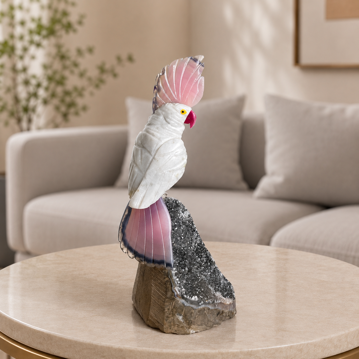 Rosavelle White Jade Gemstone Bird – Pink Agate Crest Crystal Parrot Décor, Grace & Positivity Symbol (6.6 Inch, 364 gm)