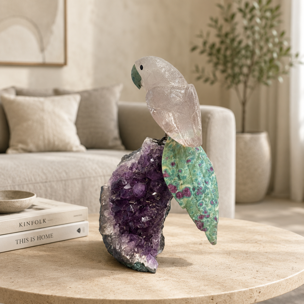 Lumivara Amethyst Gemstone Bird – Clear Quartz & Ruby Zoisite Crystal Parrot Décor, Clarity & Vitality Symbol (8 Inch, 1.4 kg)