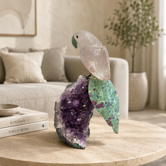 Lumivara Amethyst Gemstone Bird – Clear Quartz & Ruby Zoisite Crystal Parrot Décor, Clarity & Vitality Symbol (8 Inch, 1.4 kg)