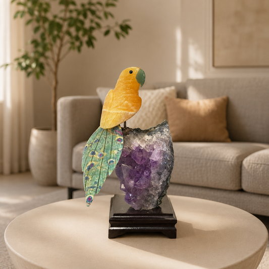 Solunara Amethyst Gemstone Bird – Yellow Calcite & Ruby Zoisite Crystal Parrot Décor, Positivity & Transformation Symbol (9 Inch, 1.3 kg)