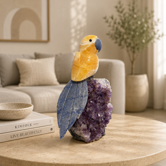 Solunique Amethyst Gemstone Bird – Yellow Calcite & Lapis Lazuli Crystal Parrot Décor, Joy & Wisdom Symbol (8 Inch, 1.5 kg)
