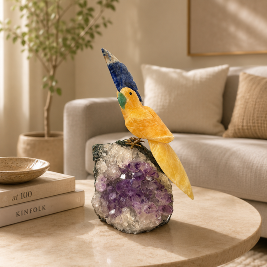 Solavelle Amethyst Gemstone Bird – Yellow Calcite Crystal Parrot Décor, Joy & Positivity Symbol (9 Inch, 1.7 kg)
