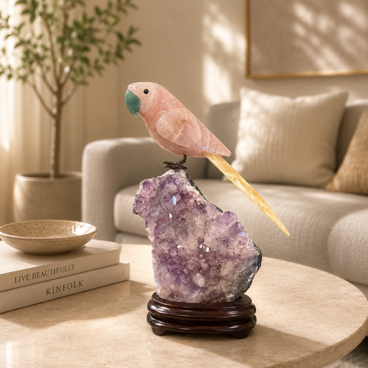 Rosavelle Amethyst Gemstone Bird – Rose Quartz & Yellow Calcite Crystal Parrot Décor, Love & Positivity Symbol (10 Inch, 1.3kg)