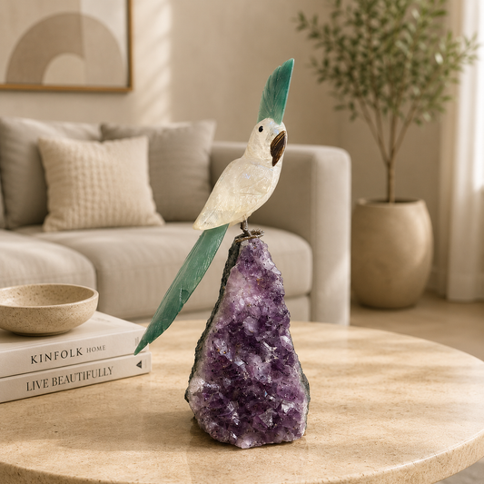 Verdelume Amethyst Gemstone Bird – Clear Quartz Crystal Parrot Décor, Prosperity & Harmony Symbol (10 Inch, 1.6 kg)