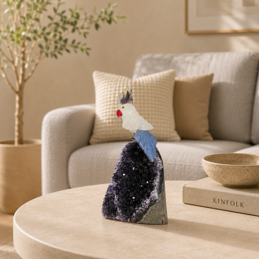 Lunavelle Amethyst Gemstone Bird – White Quartz Crystal Parrot Décor, Purity & Peace Symbol (5 Inch, 290 gm)