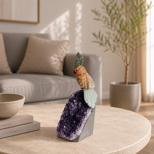 Auremora Amethyst Gemstone Bird – Orange Calcite Crystal Parrot Décor, Joy & Harmony Symbol (4.2 Inch, 244 gm)