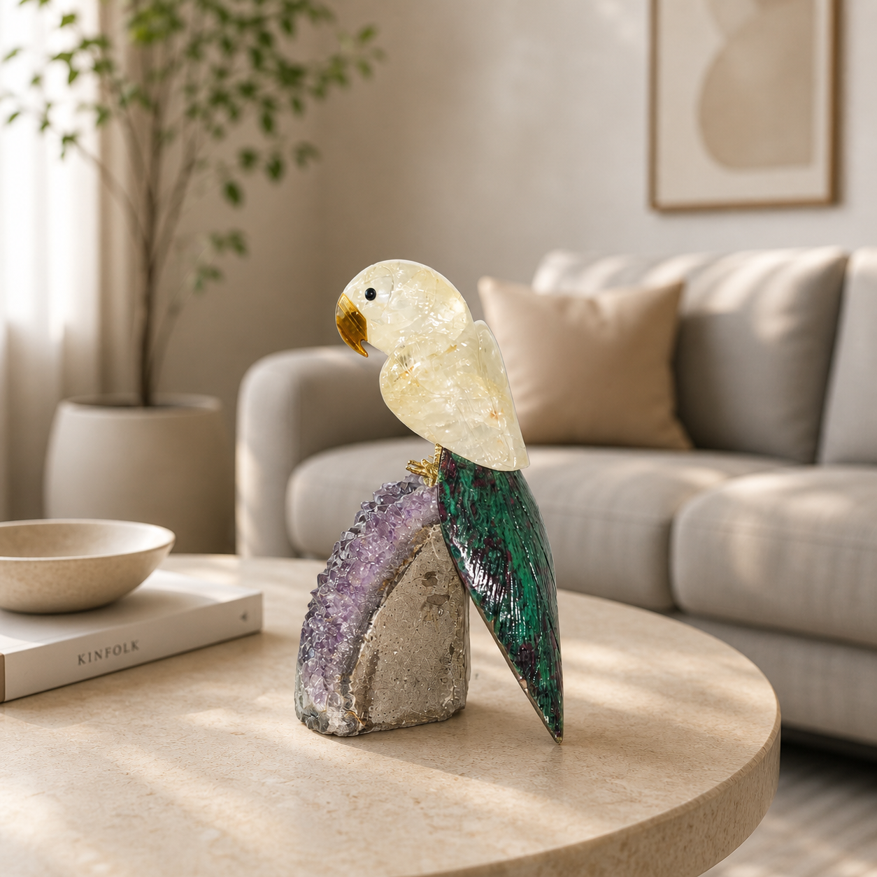 Zenvira Amethyst Gemstone Bird – Clear Quartz & Green Aventurine Crystal Parrot Décor, Clarity & Growth Symbol (7 Inch, 1.4 kg)