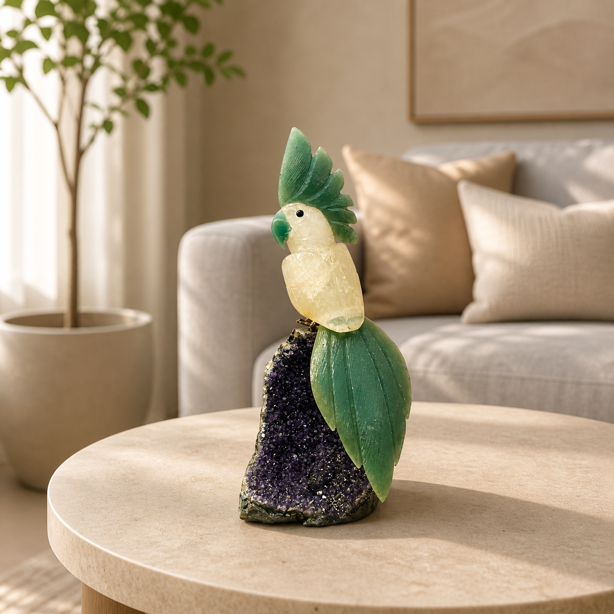 Zenvira Clear Quartz Gemstone Bird – Green Jade Tail Crystal Parrot Décor, Clarity & Prosperity Symbol 10 Inch, 1.4kg