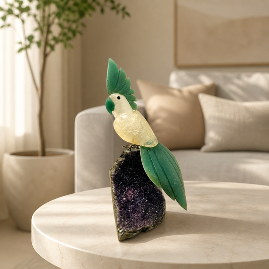 Zenvira Clear Quartz Gemstone Bird – Green Jade Tail Crystal Parrot Décor, Clarity & Prosperity Symbol 10 Inch, 1.4kg