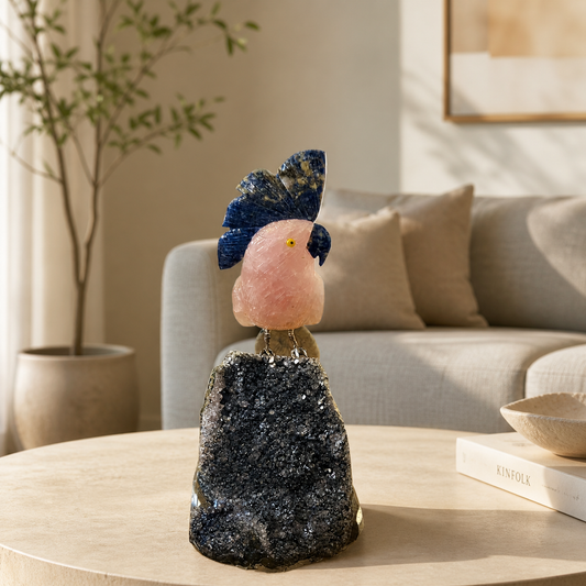Velmora Rose Quartz Gemstone Bird – Sodalite Crest Crystal Parrot Décor, Calm & Clarity Symbol 8 Inch, 1.2 kg