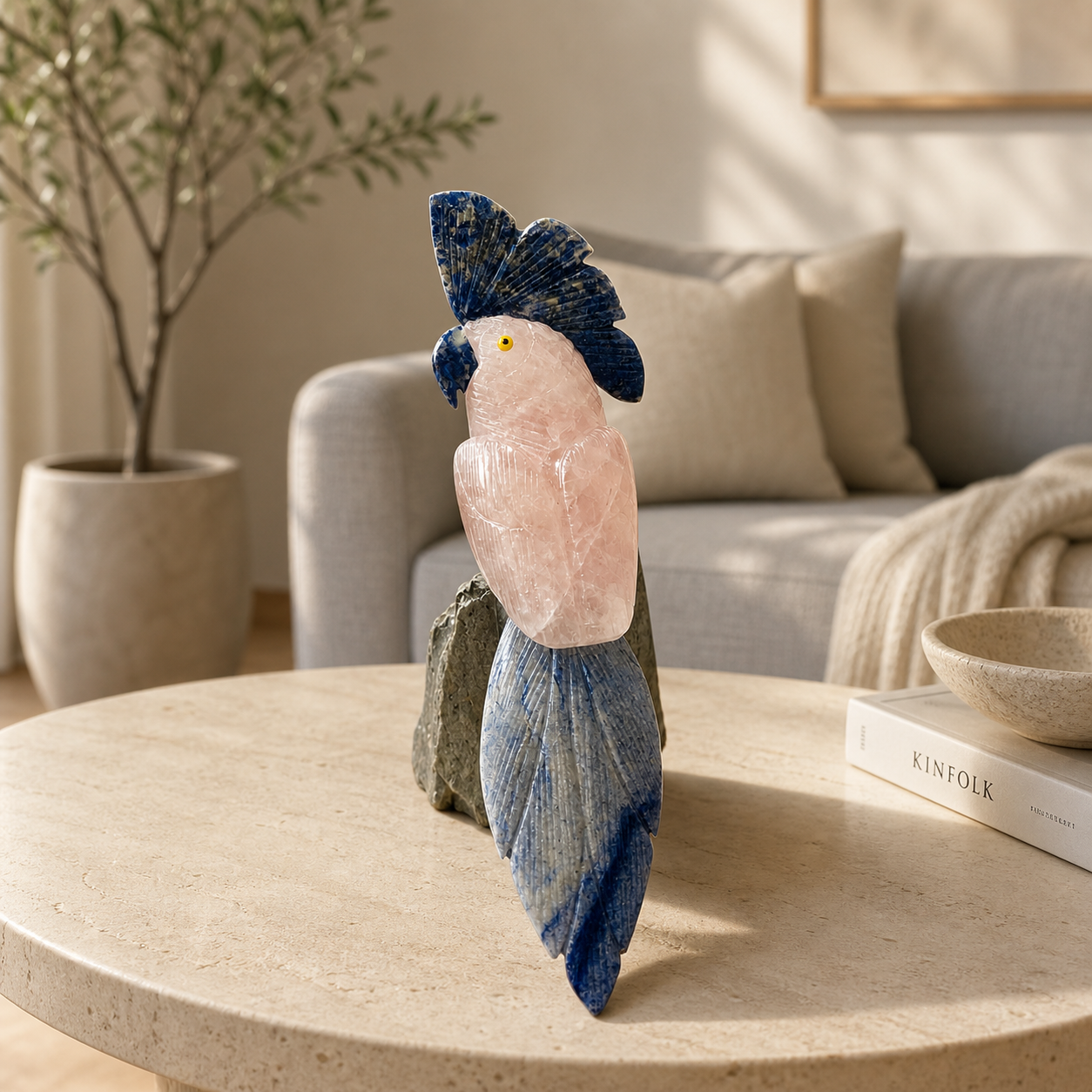 Velmora Rose Quartz Gemstone Bird – Sodalite Crest Crystal Parrot Décor, Calm & Clarity Symbol 8 Inch, 1.2 kg