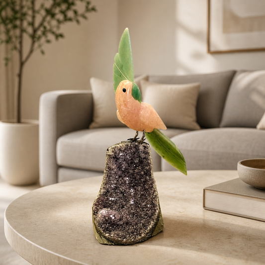 Serenique Rose Quartz Gemstone Bird – Green Jade Crest Crystal Parrot Décor, Love & Prosperity Symbol 10 Inch, 1.5kg