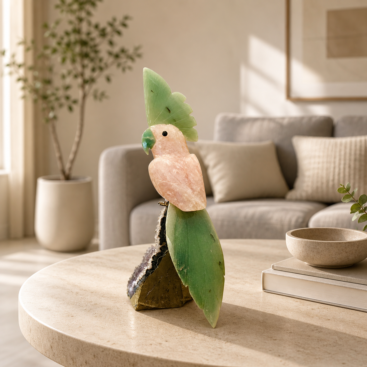 Serenique Rose Quartz Gemstone Bird – Green Jade Crest Crystal Parrot Décor, Love & Prosperity Symbol 10 Inch, 1.5kg