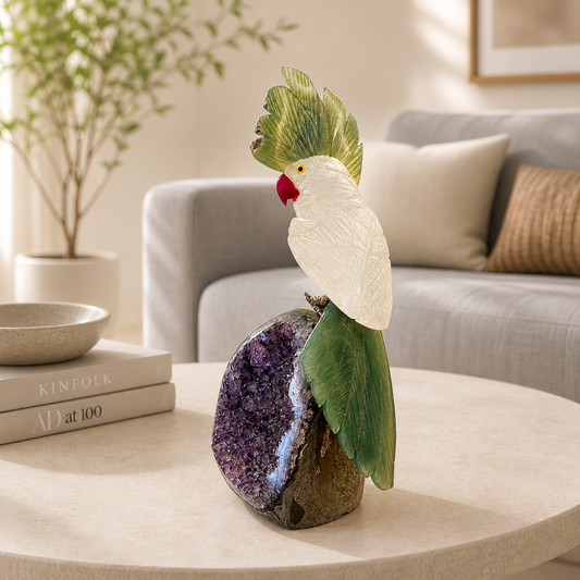 Verdara Amethyst Gemstone Bird – White Quartz Parrot Décor, Clarity & Growth Symbol (7 Inch, 700 gm)
