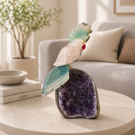Verdelume Amethyst Gemstone Bird – White Quartz Parrot Décor, Clarity & Growth Symbol (6.7 Inch, 688 gm)