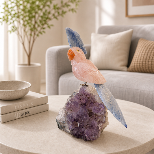 Calmora Amethyst Gemstone Bird – Rose Quartz Parrot Décor, Peace & Clarity Symbol (7 Inch, 762 gm)