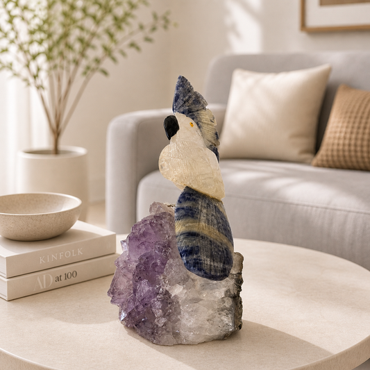 Lumivara Amethyst Gemstone Bird – White Quartz Parrot with Blue Banded Agate Accents, Clarity & Balance Symbol (6.6 Inch, 752 gm)