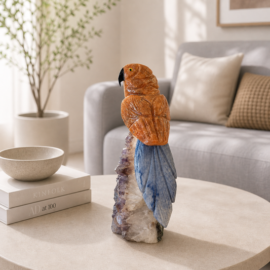 Solvexa Orange Calcite Gemstone Bird – Blue Sodalite Tail Crystal Parrot Décor, Energy & Focus Symbol (5.5 Inch, 614 gm)