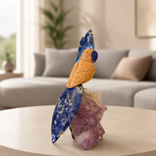 Aurevia Orange Calcite Gemstone Bird – Blue Sodalite Tail Crystal Parrot Décor, Creativity & Balance Symbol (6 Inch, 494 gm)