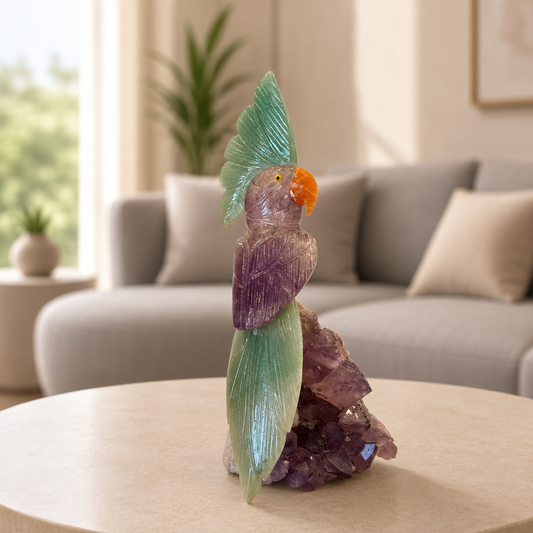 Aventra Amethyst Gemstone Bird – Green Aventurine Tail Crystal Parrot Décor, Growth & Harmony Symbol (6.6 Inch, 510 gm)