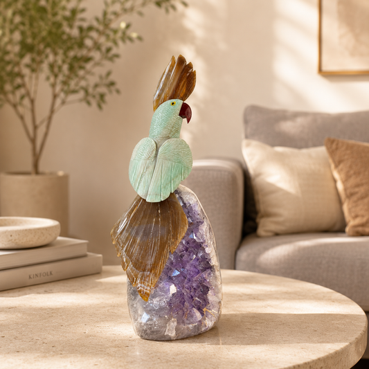 Verdelume Green Aventurine Gemstone Bird – Brown Agate Crest Crystal Parrot Décor, Prosperity & Harmony Symbol (13 Inch, 3.396 kg)