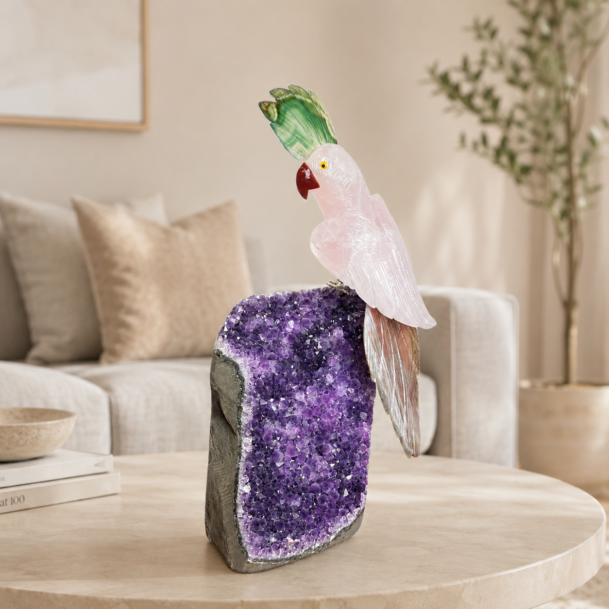 Rosavira Amethyst Gemstone Bird – Rose Quartz Crystal Parrot Décor, Love & Harmony Symbol (12 Inch, 3.4 kg)