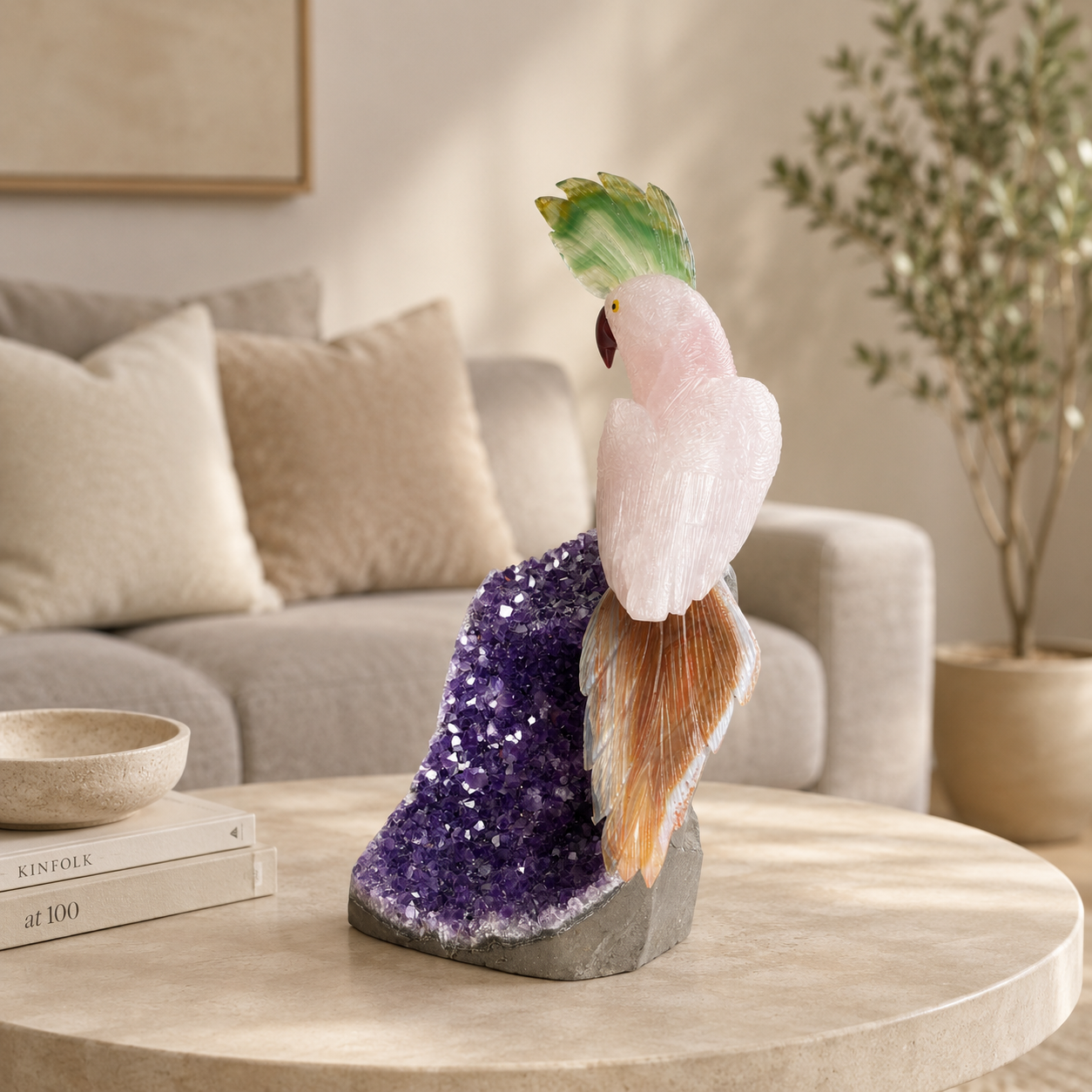 Rosavira Amethyst Gemstone Bird – Rose Quartz Crystal Parrot Décor, Love & Harmony Symbol (12 Inch, 3.4 kg)